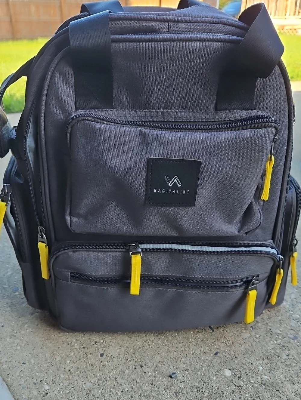 Gray Baby Diaper Backpack with Yellow Accents